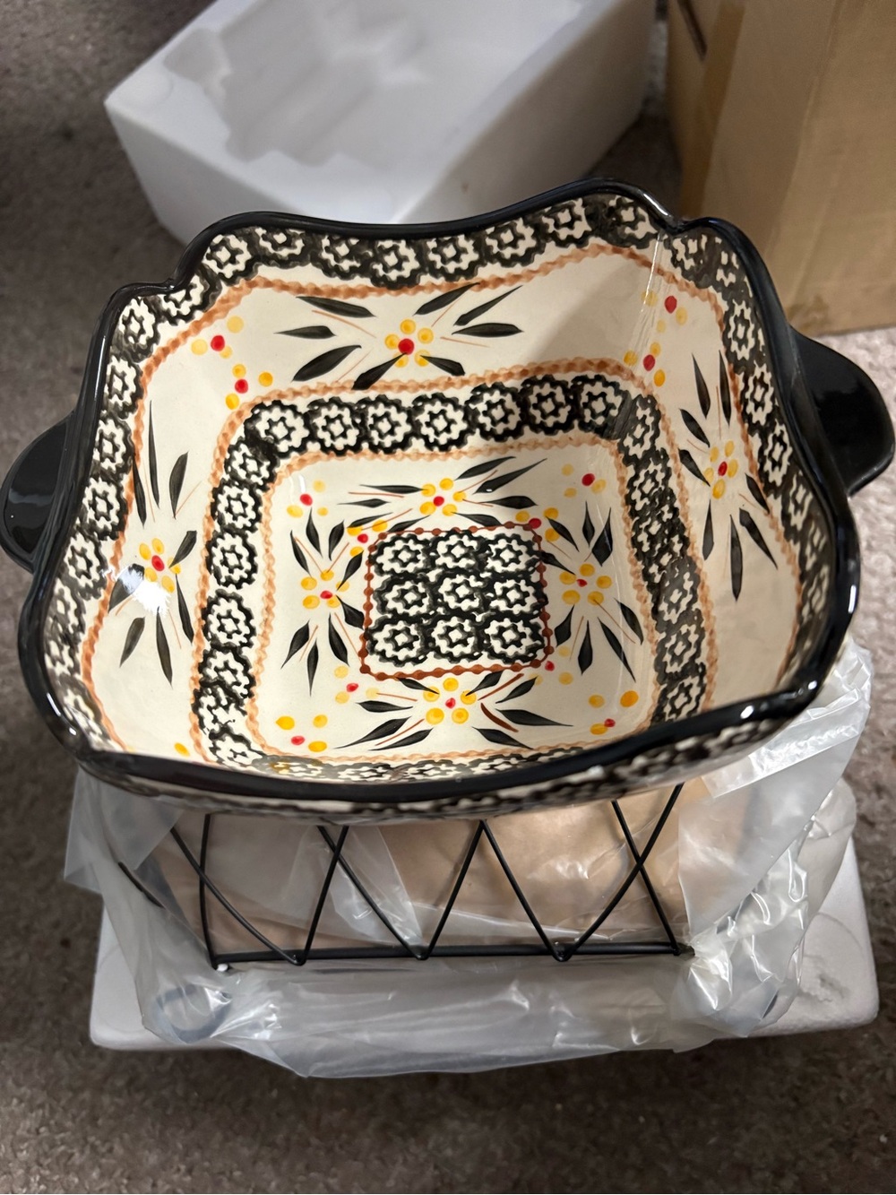 Temptations Hand-Painted Blk, Cream, Yellow & Orange Decor Baking Bowl Set of 4